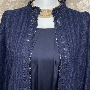OSCAR DE LA RENTA Navy Blue Sequined Open Front Midi Lace Coat Cocktail Jacket